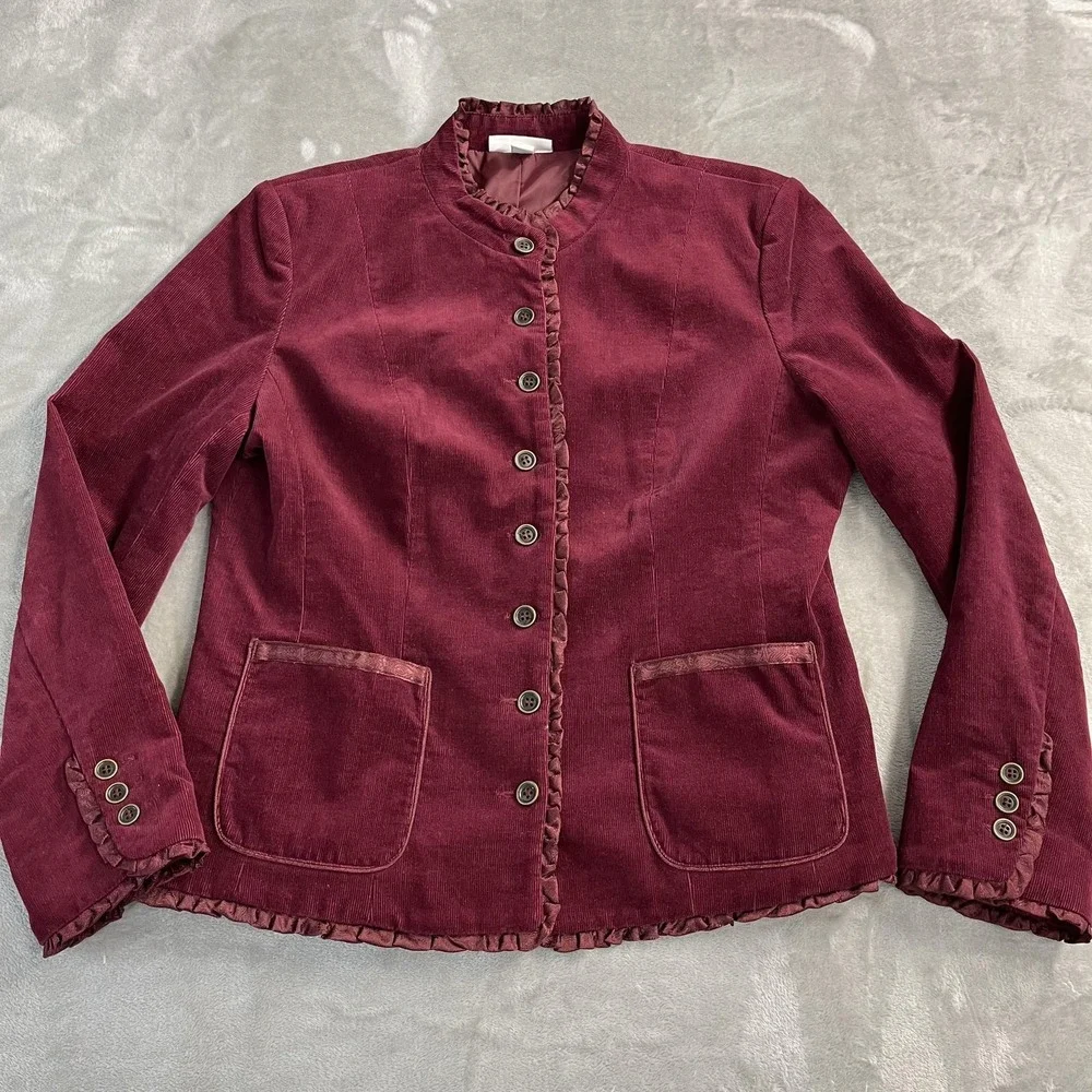 Dressbarn Blazer Womens XL Red Corduroy Ruffle Trim Button Front‎ Fairy Feminine